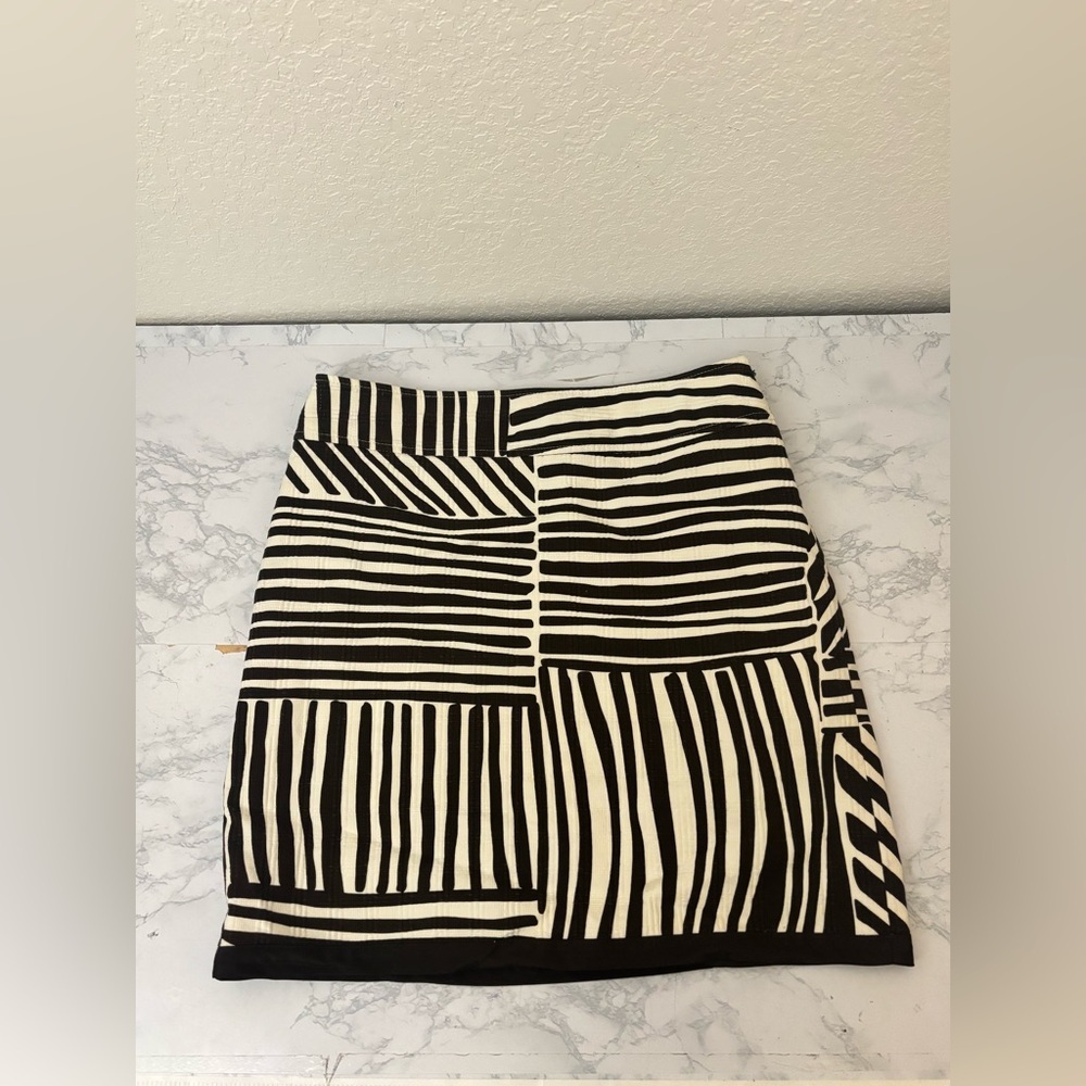 Ann Taylor Mini Skirt Womens 6 Linen Side Zip Lined Black White Striped - Picture 1 of 5